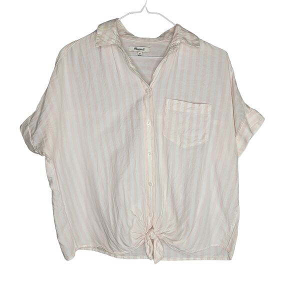 Madewell XS Pink White Striped Tie Front Button Down Short Sleeve Shirt - Picture 3 of 11